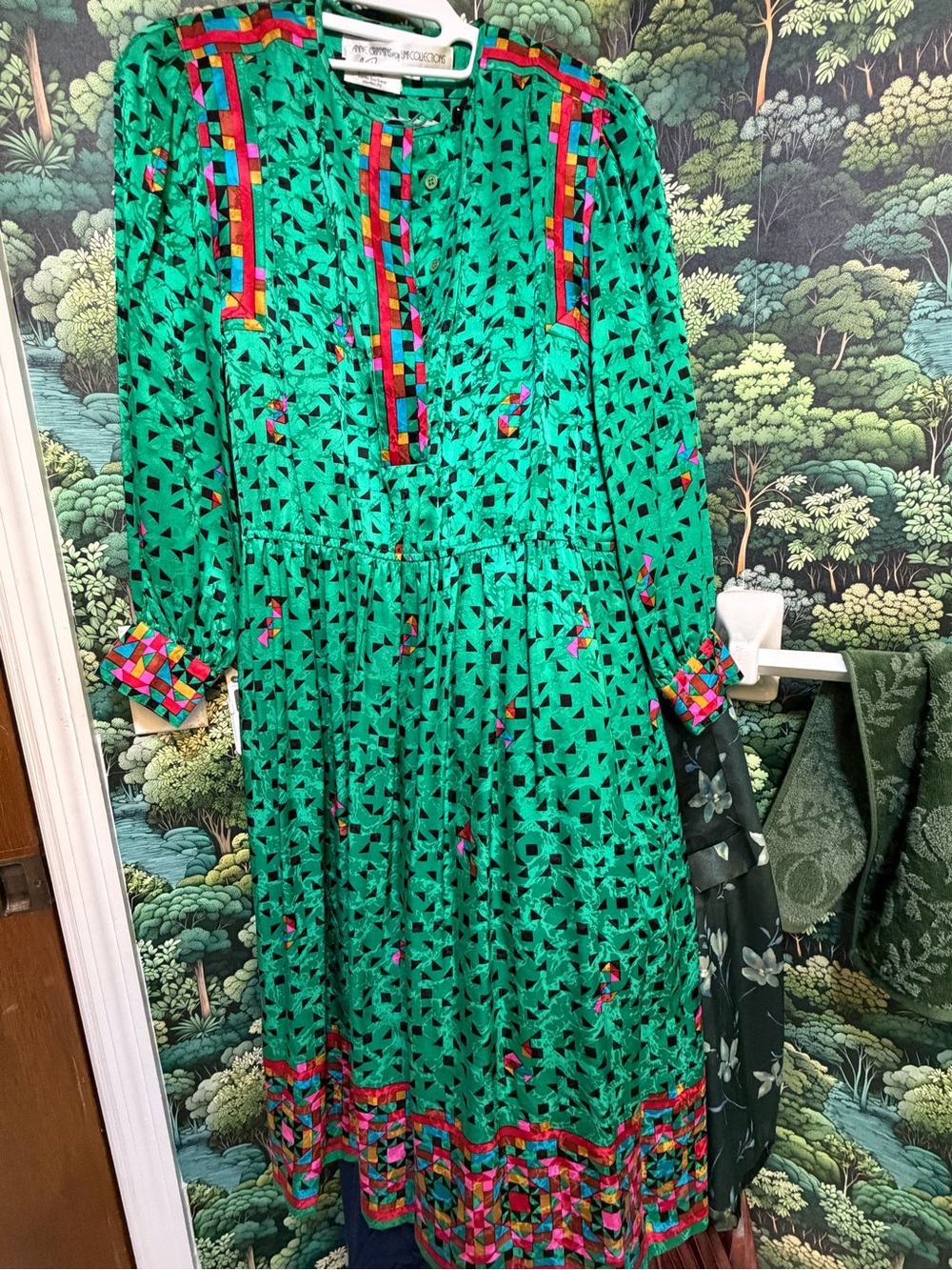 Vintage Silk Anne Crimmins for Umi Collections Green Patterned LongSleeve Dress